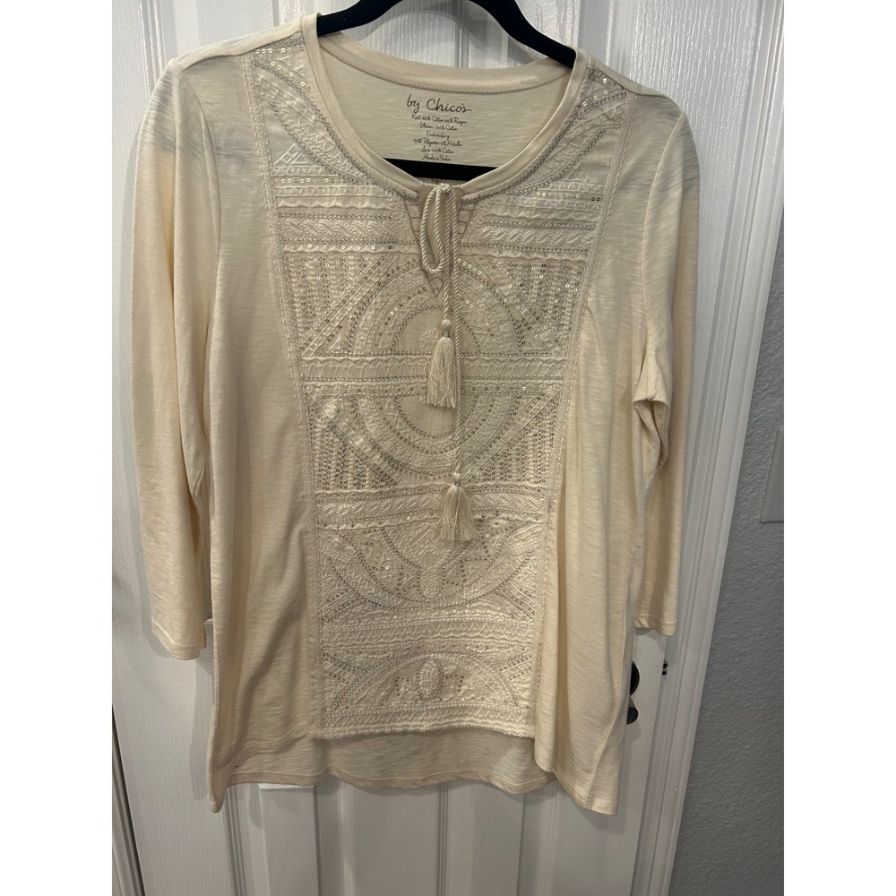 Chico's Knit Top Cream Embroidered Sequin Tassel Boho Blouse Size 1 Medium